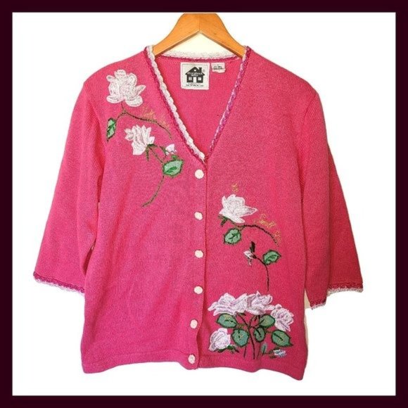 Storybook Knits Sweaters - Storybook Knits Pink Cardigan Sweater Roses L